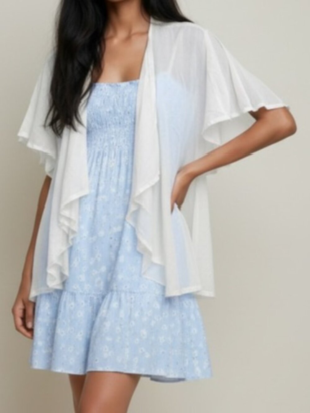 Dharma Trading Co White Rayon Flutter Sleeve Kimono Cardigan Jacket Coverup M